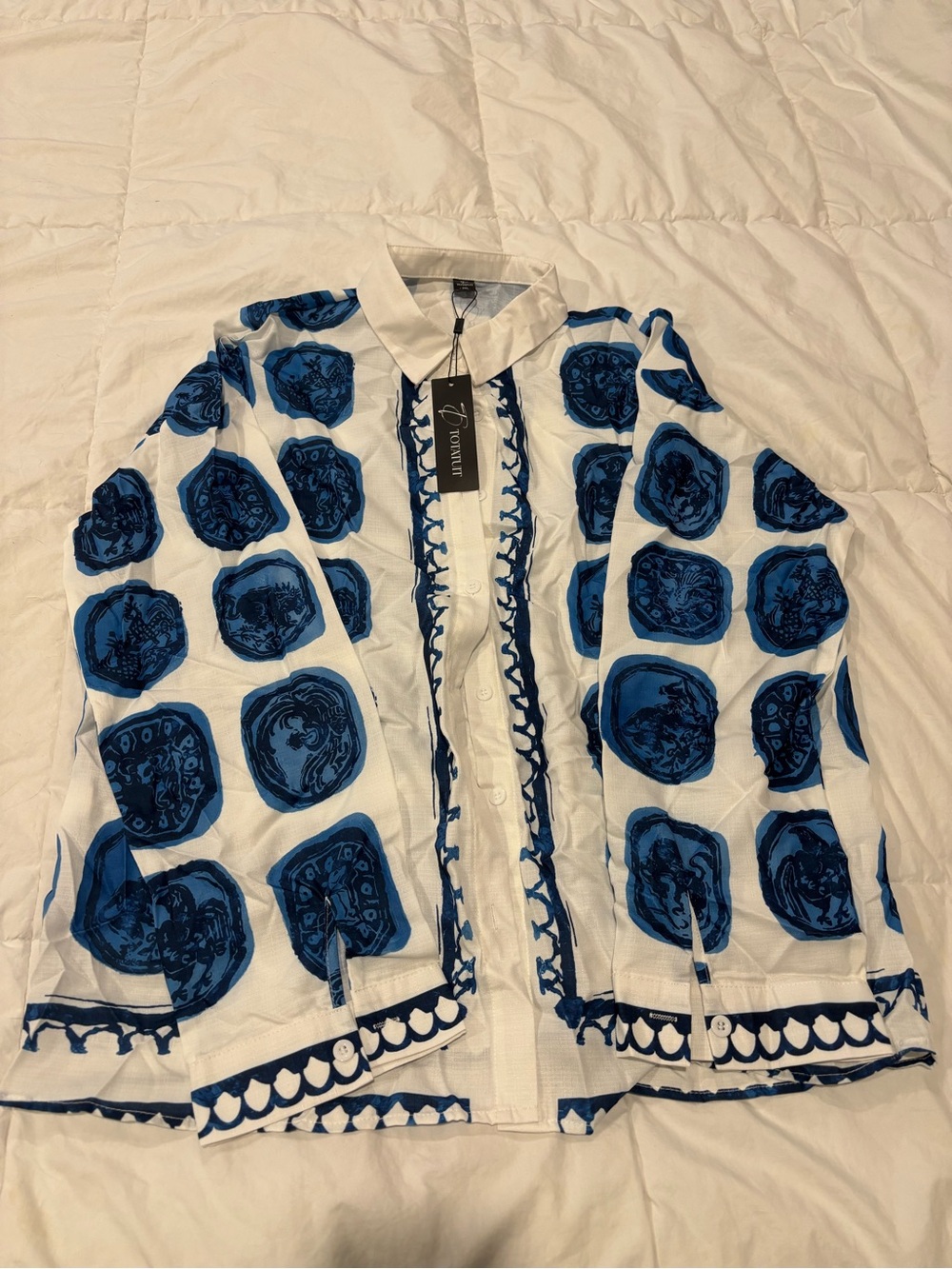 Blue White Printed 2PC Matching Set Long Sleeve Shirt Wide Leg Pants